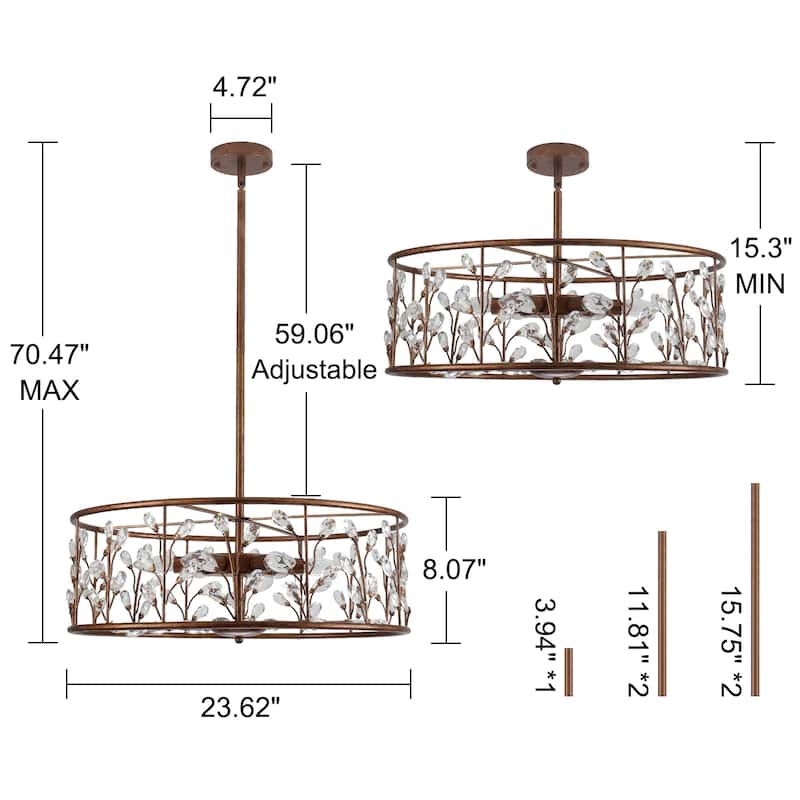 Rustic Antique Bronze Crystal Drum Chandelier for Dining Room - W23.62"