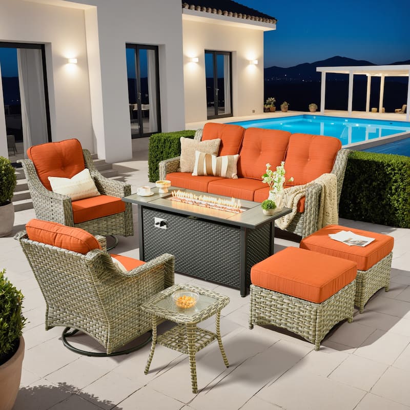 ​​OVIOS 7 Pieces Outdoor Wicker Swivel Chair Set with 54" Fire Table​