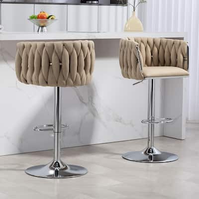 Swivel Fabric Upholstered Bar Stools Set of 2, Adjustable Bar Chairs with Silver Chromed Base