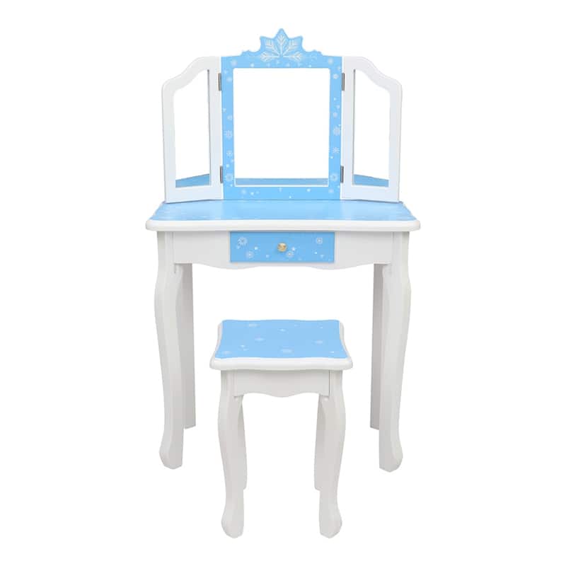 Children's Three-Sided Folding Mirror Dressing Table with Chair - Blue+White