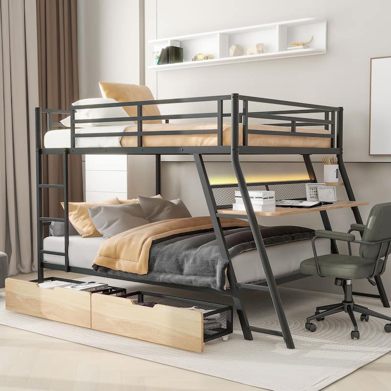Roomfitters Full Metal Bunk Bed with Built-in Desk, Upper Guardrail and Compact Storage Unit, Black