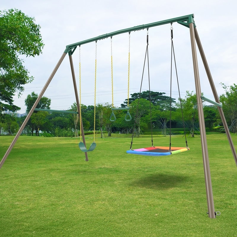 9.5' Heavy Duty Metal Swing set for Backyard with Platform Swing, Belt Swing, and Trapeze Bar - Brown/Green