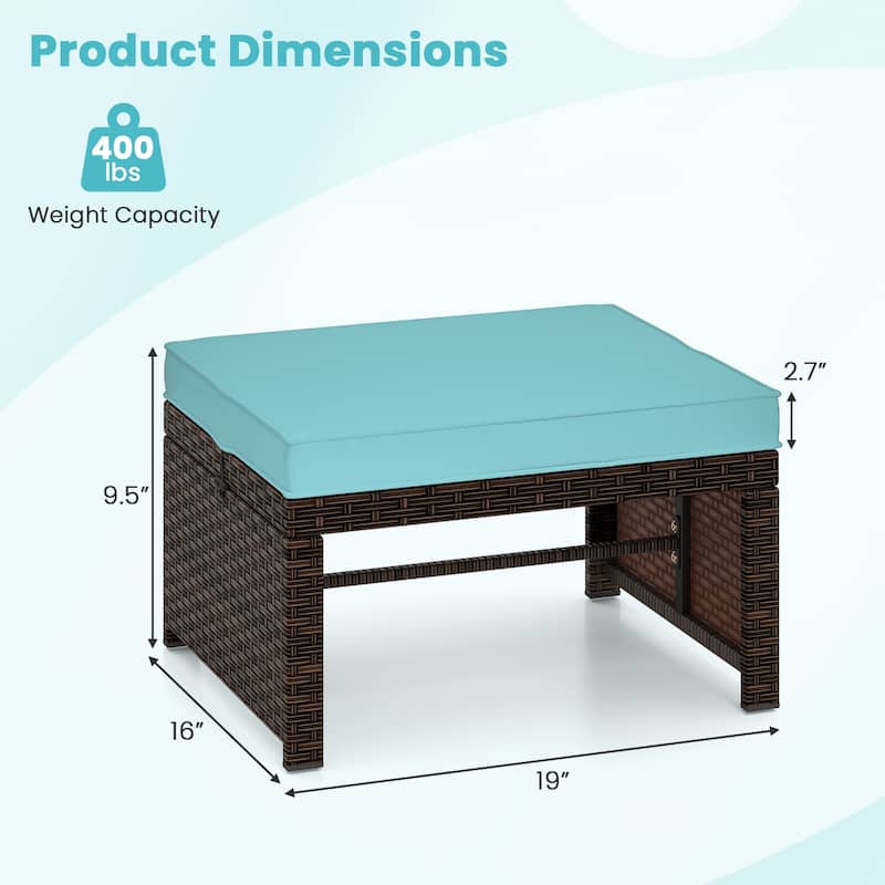 Set of 2 Outdoor Rattan Footstools Ottomans with Cushions for Patio Decor or Garden Seating - 16" L x 19" W x 9.5" H