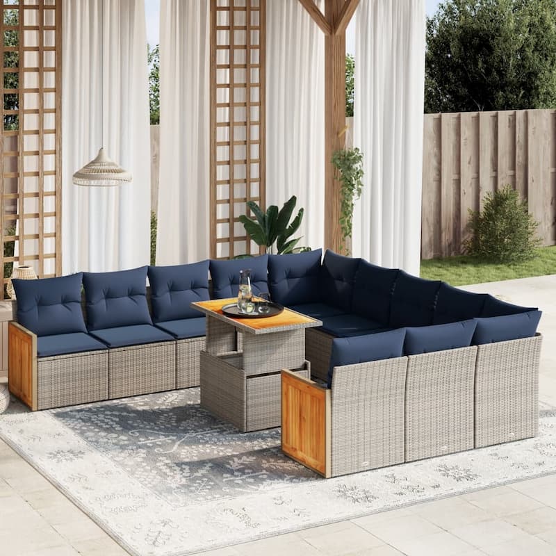 vidaXL 11 Piece Patio Sofa Set with Cushions Black/Gray Poly Rattan - 21.7 x 24.4 x 27.2 - Gray