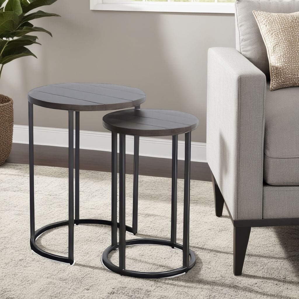 Flint 2 Piece Nesting Table Set, Dark Brown Mahogany, Black Metal Base