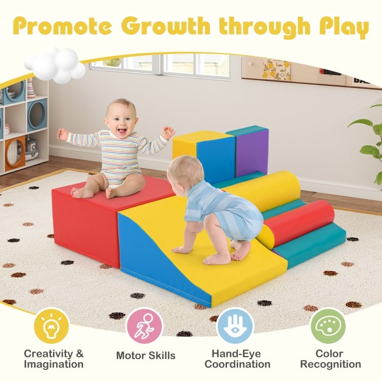 Red PU Leather EPE Foam 7-Piece Kids Climbing Blocks Set with Slide and Wave Shape - 19.5" x 17.5" x 10" (L x W x H)