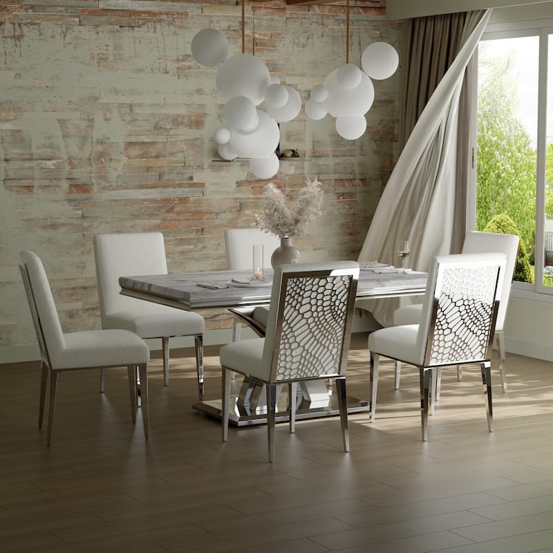 White Dining Room Table with Mirrored Silver Metal Cross Base
