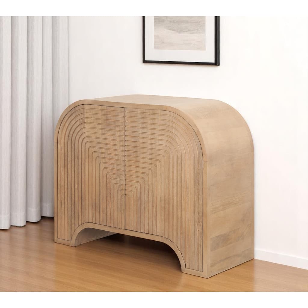 HomeRoots 32" Natural Solid Wood Textured Door Accent Cabinet With Two Doors