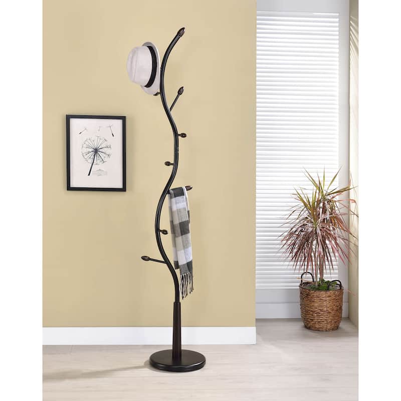 Black Metal & Walnut Wood Hall Tree Coat & Hat Rack Stand - Black