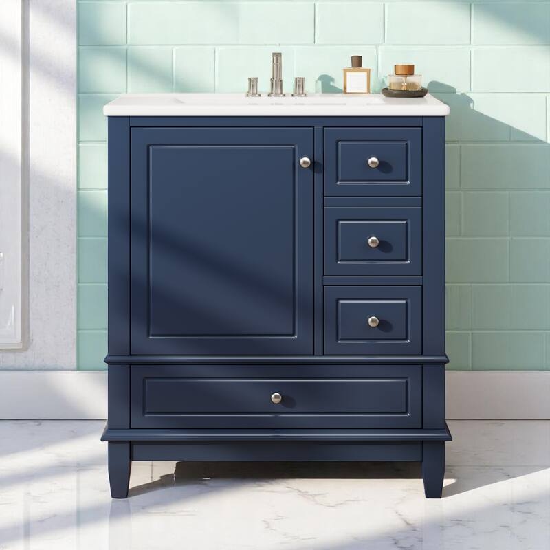 30" Freestanding Bathroom Vanity with Sink, One Door Cabinet and 3 Drawers, Solid Wood Frame & MDF Board