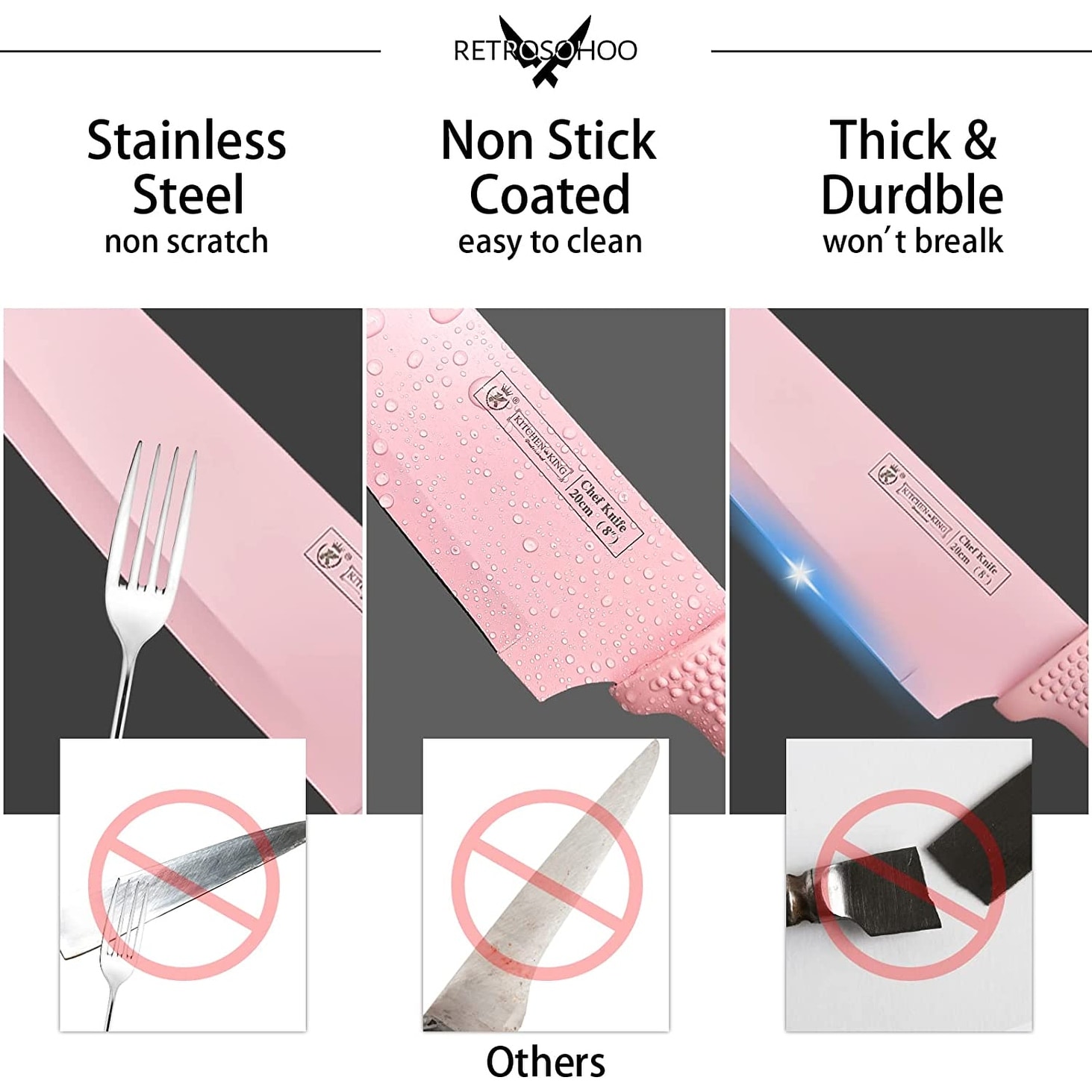 Kitchen Knife Set, Retrosohoo 9-Pieces Pink Sharp Non-Stick Coated Chef  Knives Block Set,Stainless Steel Knife Set for Kitchen with Sharpener for