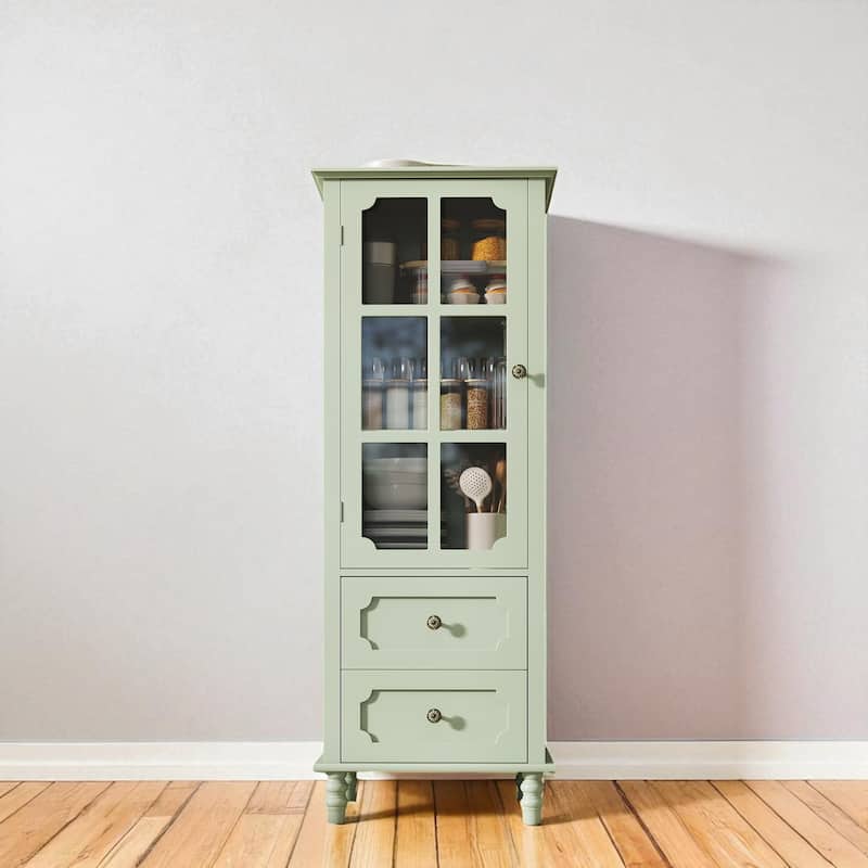 Modern Buffet Cabinet with Glass Doors and Double Drawer, Wooden Sideboard Storage Cupboard for Dining Room Entryway Hallway. - Mint Green