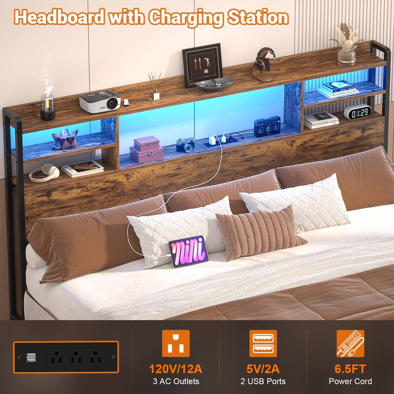 Storage Headboard with USB Port and Power Outlet, Head Board with LED Light for Bed Frame