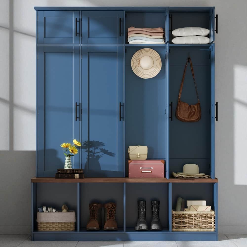 Farmhouse Hall Tree with Walnut Bench, 8 Doors, 4 Hidden Hooks, Entryway Shoe Cabinet with Open Cubbies, 59" Wide