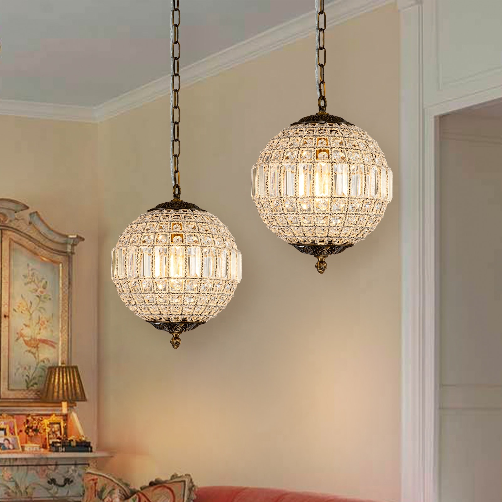 1/3/5-Light Large Size Retro French Crystal Globe Chandelier for