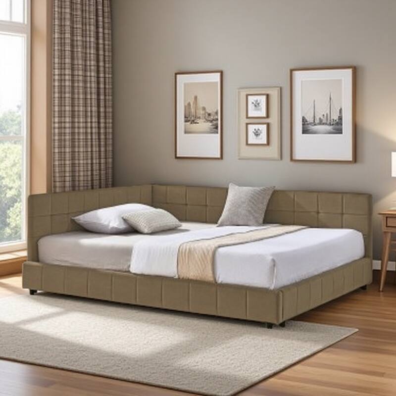 Mid-Century Full Size Velvet Daybed with Tufted Backrest & Armrests, Upholstered Sofa Bed Frame for Bedroom or Living Room - Brown