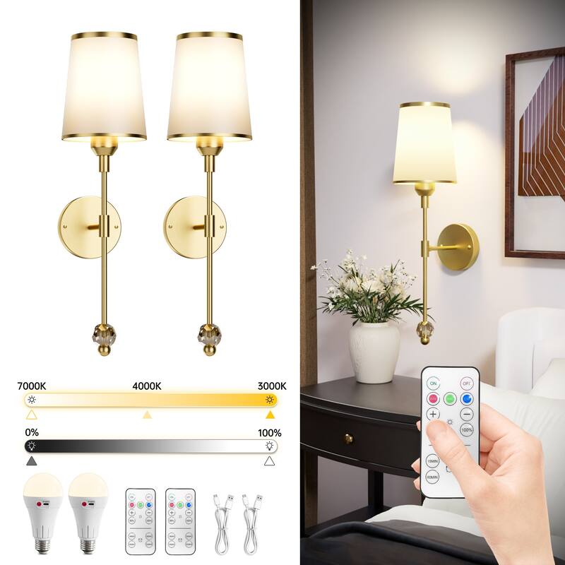2-Pack Battery Operated Wall Sconces Rechargeable with Remote Control Dimmable 15-Color Light - N/A
