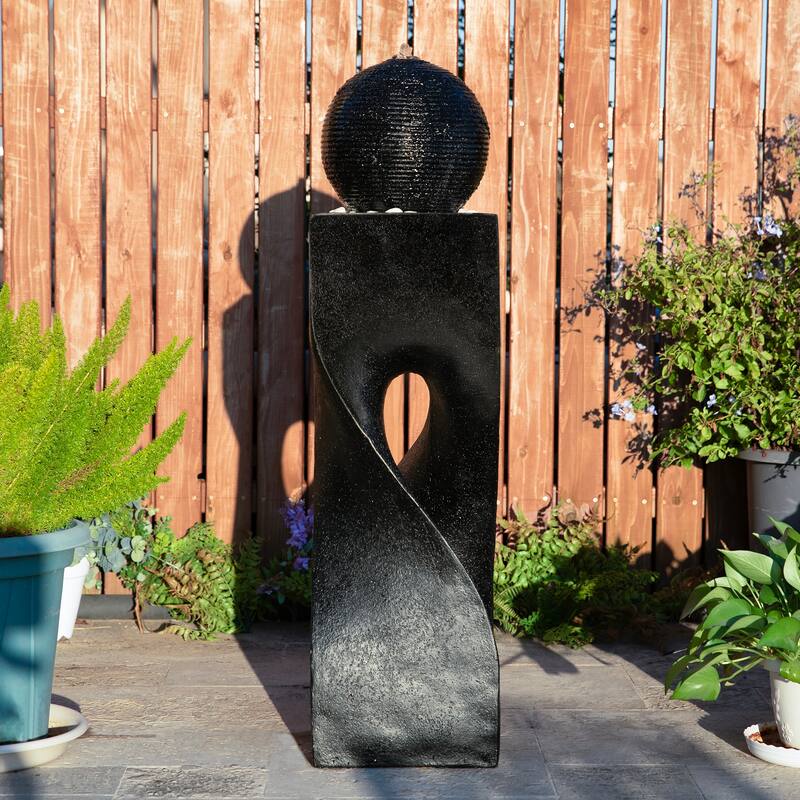 Glitzhome Modern Geometric Oversized Pedestal Sphere Polyresin Outdoor Floor Fountain with Pebbles - Black - 40.5"H