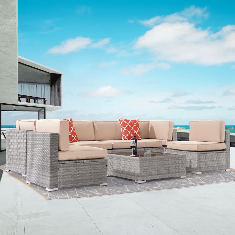 BONASUKI Patio Furniture Set,7-Piece Outdoor Rattan Sectional Sets - Grey/Sand