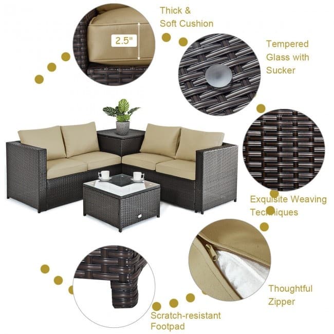 4 Pieces Outdoor Patio Rattan Furniture Set with Cushioned Loveseat and Storage Box - 47.5" x 26" x 26" (L x W x H)