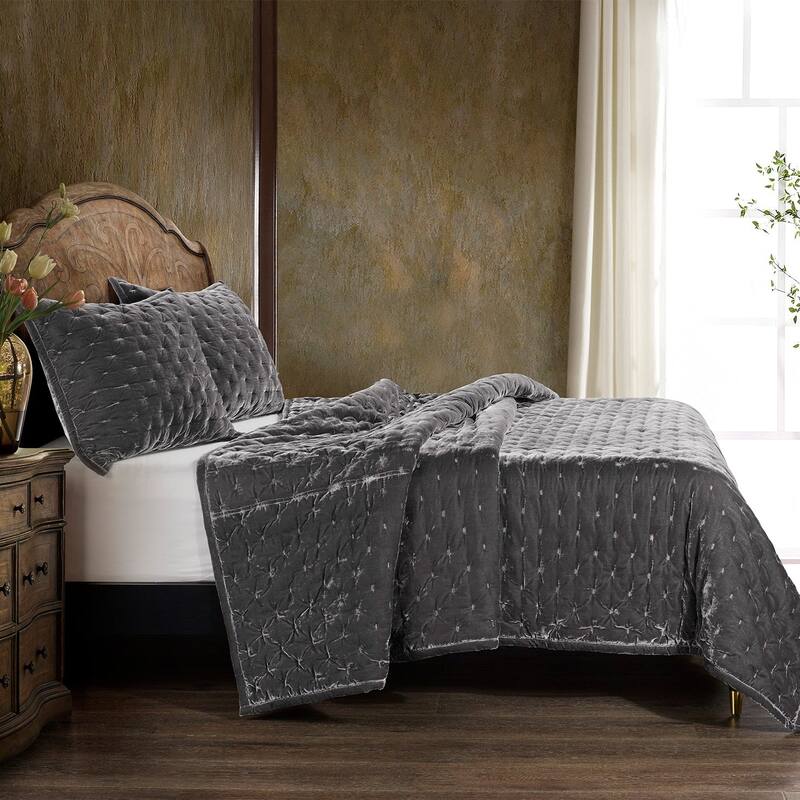 HiEnd Accents Stella Solid Color Faux Silk Velvet Romantic Modern Rustic 3 Piece Quilt Set with Pillow Shams