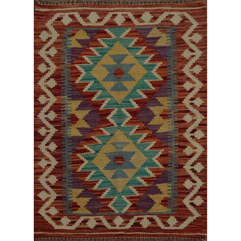 Hand Woven Oriental 100% Wool Carpet Southwestern Geometric Red Kilim Area Rug - 2' 11'' X 2' 1''