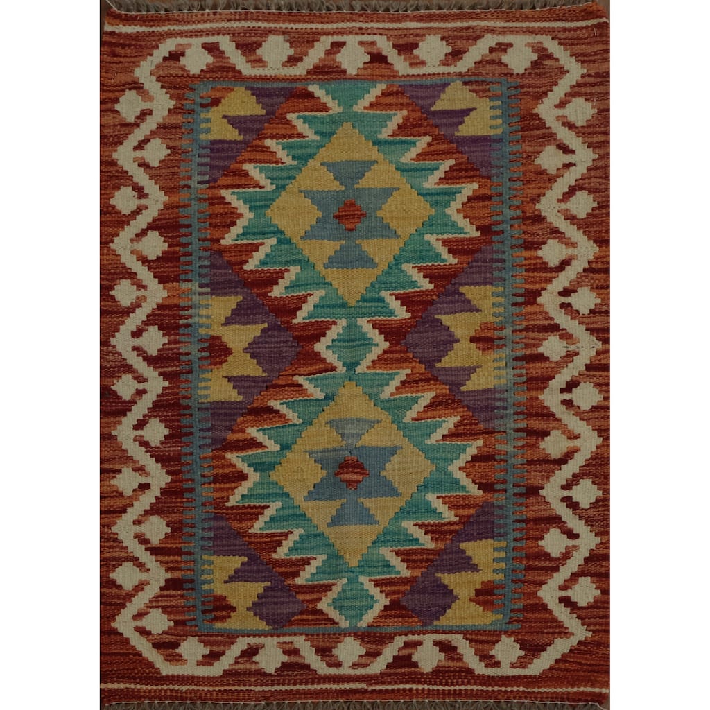 Hand Woven Oriental 100% Wool Carpet Southwestern Geometric Red Kilim Area Rug - 2' 11'' X 2' 1''