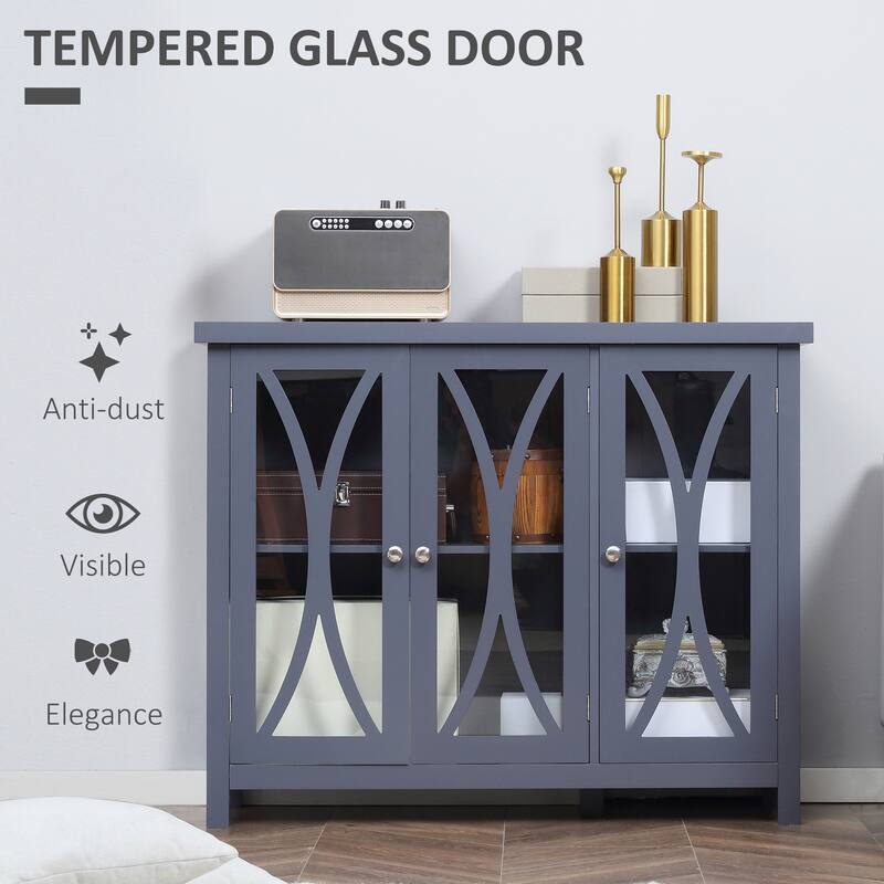 Buffet Cabinet with 3 Tempered Glass Doors, Arc Pattern and Adjustable Storage She