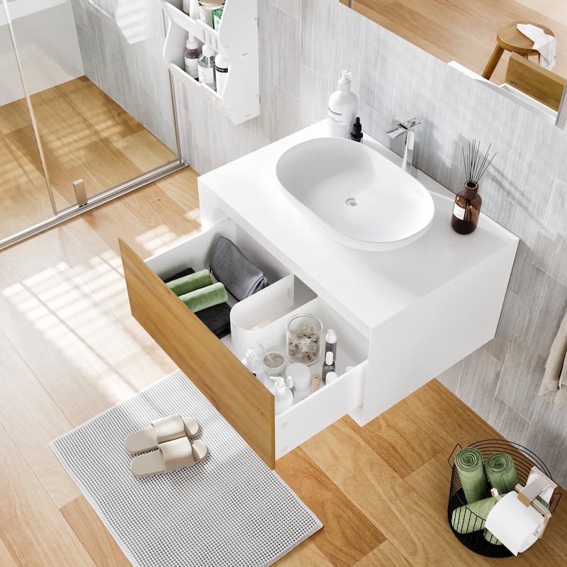 Santa Monica 30" White Oak Wall Mount Bath Vanity with Acrylic Vessel Sink