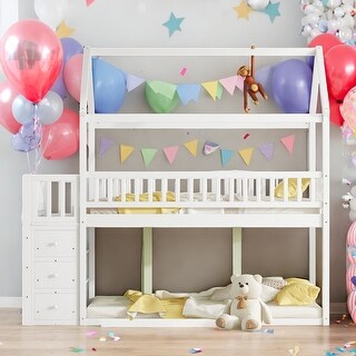 Twin over Twin Size House Shaped Bunk Bed with Drawers and Shelves, White
