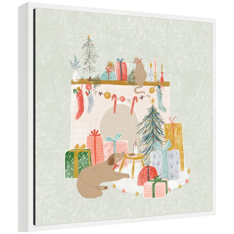 Kate and Laurel Sylvie Framed Canvas Festive Holiday Pet Fireplace by Jill Labieniec - White