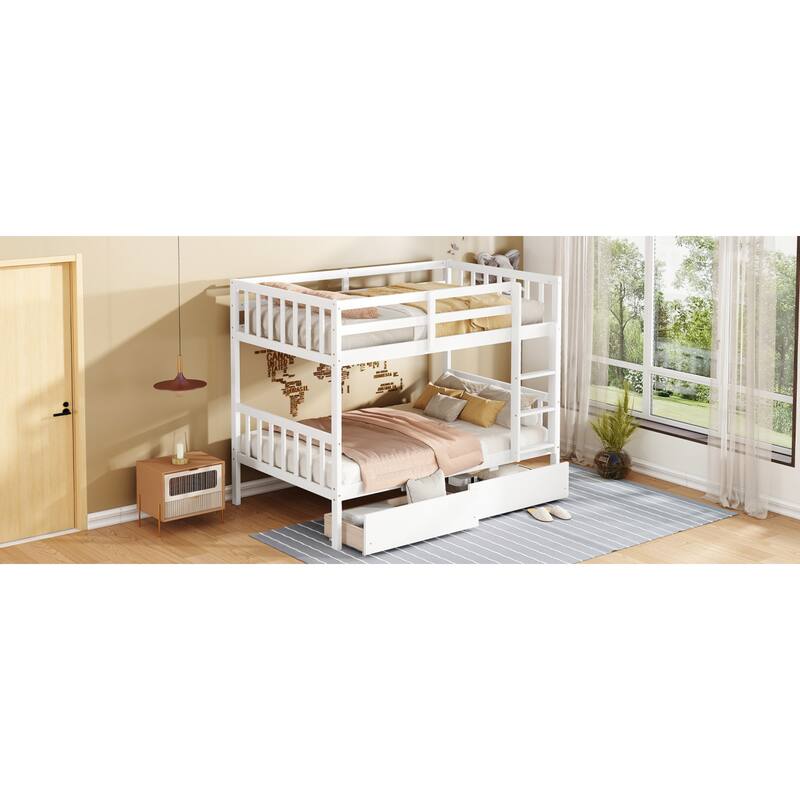 Roomfitters Twin Over Twin Rubber Wood Bunk Bed with Underbed Storage, Convertible to 2 Twin Beds, Ladder & Guardrails