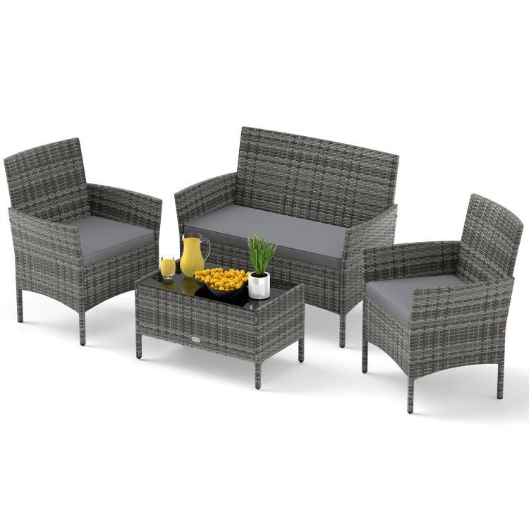 4 Piece Outdoor Rattan Patio Set with Cushions and Glass Table - 39.5" x 22.5" x 32" - Grey-Mix Grey