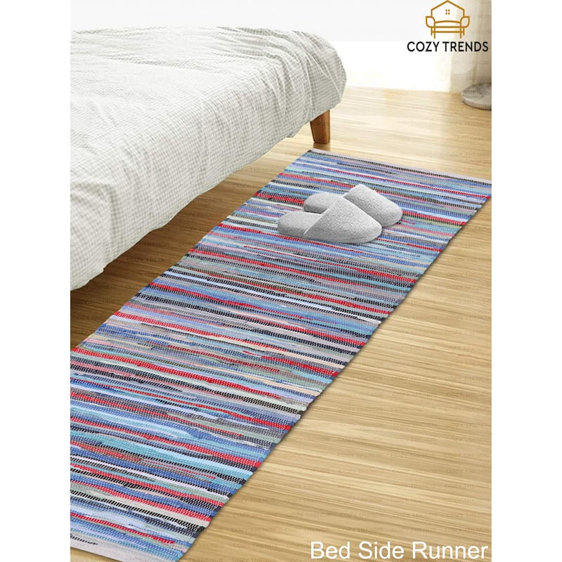 Hand Woven Bohemian Cotton Chindi Rugs, Floor Rectangle Rug, Bed Side Rugs Runner, Hallway Rug , Yoga Mat| 24''x72''