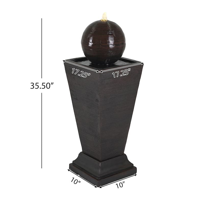 35.5"H Dark Brown Concrete Tall Column Fountain-LED Light Retro Outdoor Oasis, Durable Decor Feature