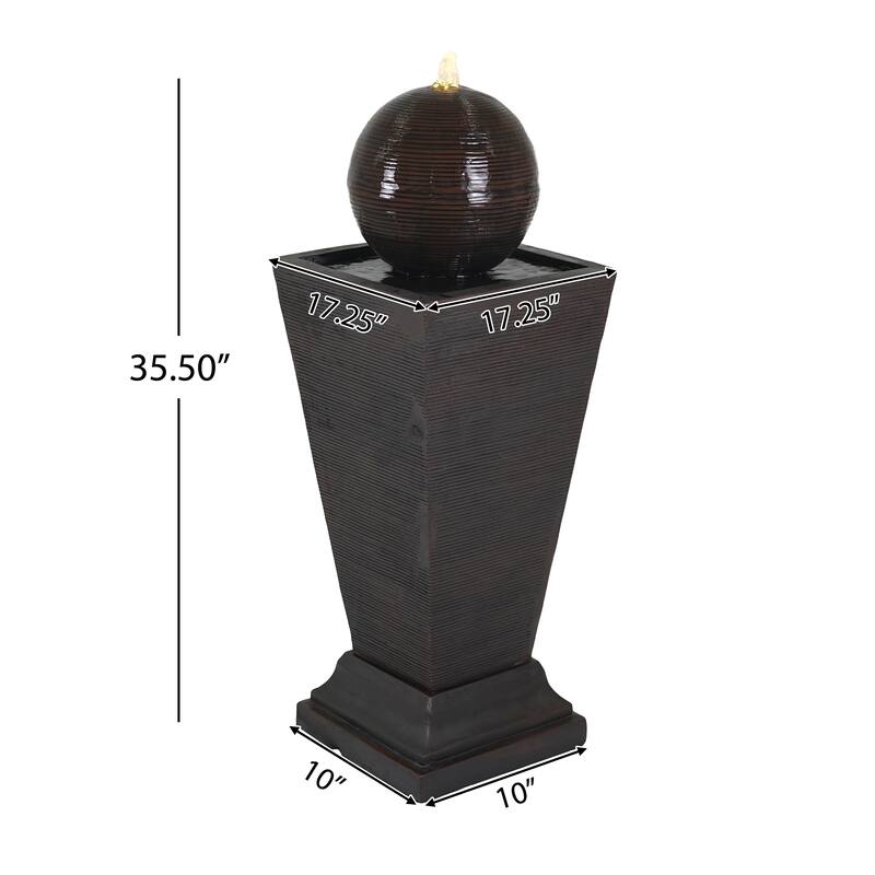 Roomfitters 35.5-Inch Tall Column Outdoor Fountain with Sphere Topper and LED Lights, Concrete Retro Garden Oasis, Dark Brown