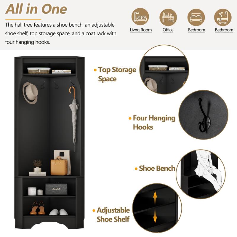 Space-Saving Corner Coat Rack with Shoes Storage Rack, Adjustable Shelf, and 4 Hooks for Hallway Entryway or Porch Organizer