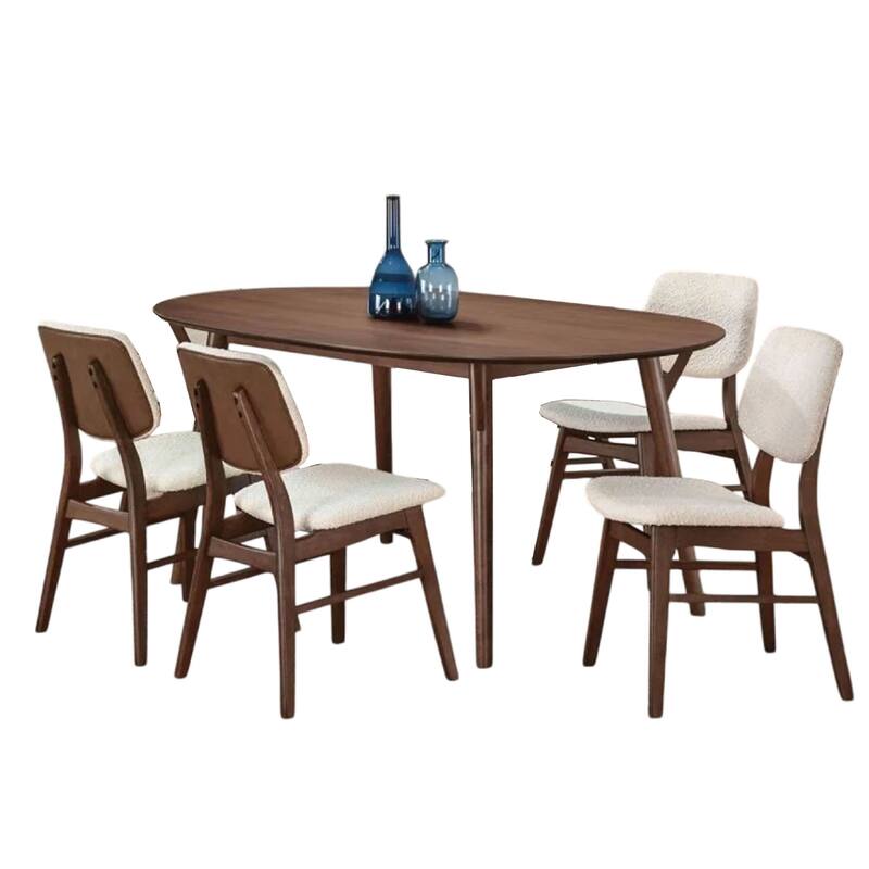 Lexy 5pc Dining Table and 4 Chair Set, Beige Boucle Seats, Walnut Brown