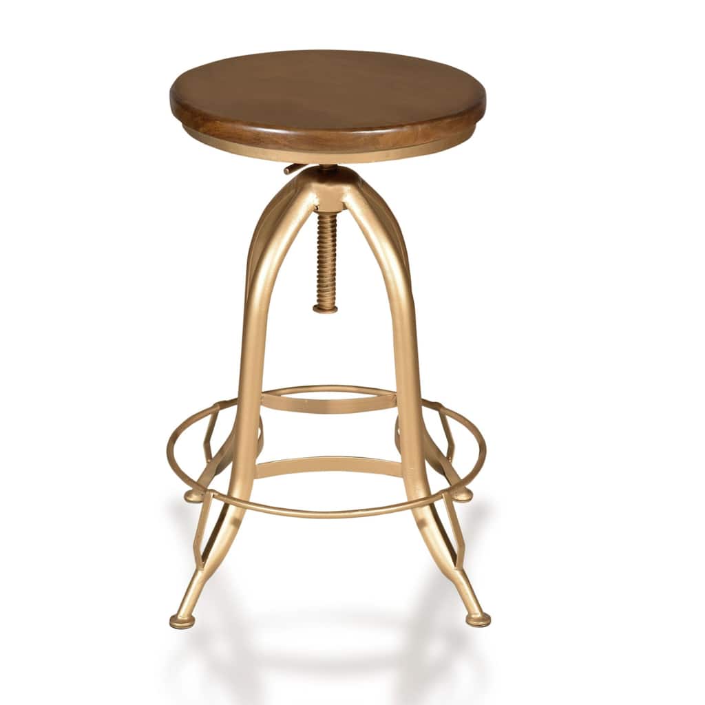 23" Brown and Gold Adjustable Stool with Circular Wooden Seat