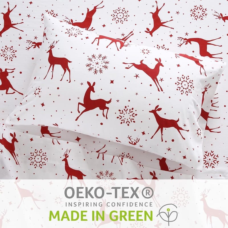 Christmas Soft Red Reindeer Bed Sheets Set with 16 Inches Deep Pocket