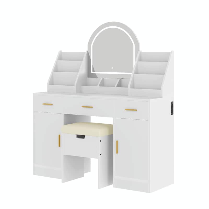 47.2" Makeup Vanity with Mirror & Light - Vanity Desk with Cushioned Storage Stool