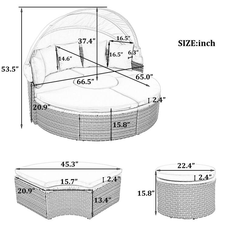 Round Outdoor Rattan Sectional Sofa with Adjustable Canopy & Cushions, PE Wicker Daybed with Coffee Table & Ottoman