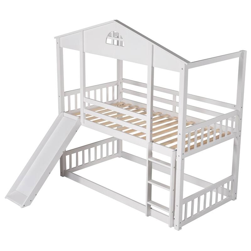 Twin over Twin House Bunk Bed with Convertible Slide and Ladder - Bed ...