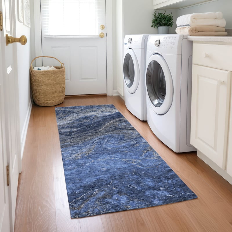 Machine Washable Indoor/ Outdoor Chantille Modern Abstract Rug - Blue - 2'3" x 7'6"