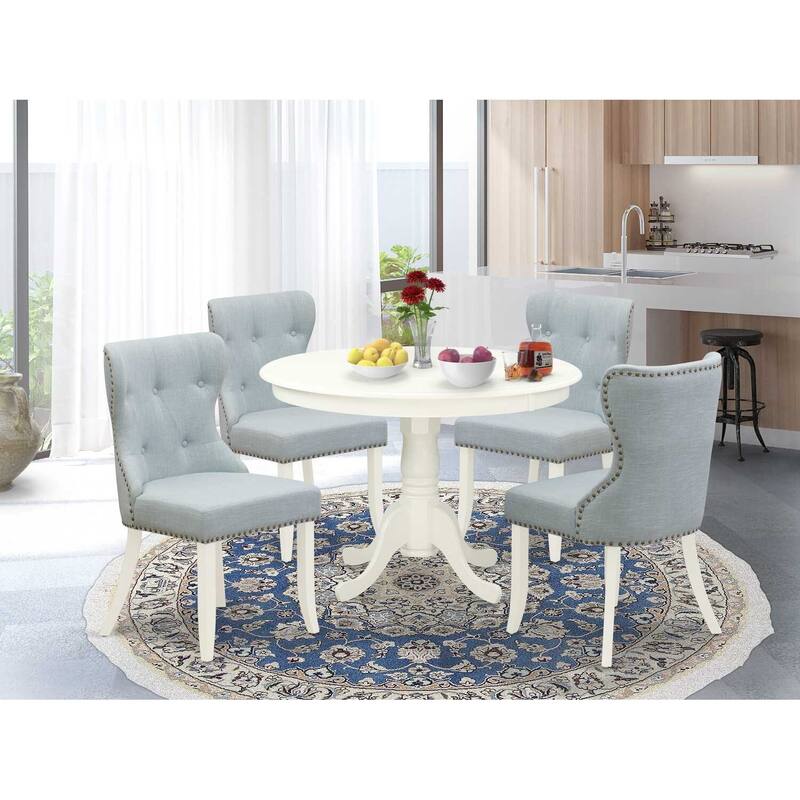 HomeStock 5-Piece Round Linen White Finish Solid Wood Top Dining table with 4 Chairs with Lattice Back