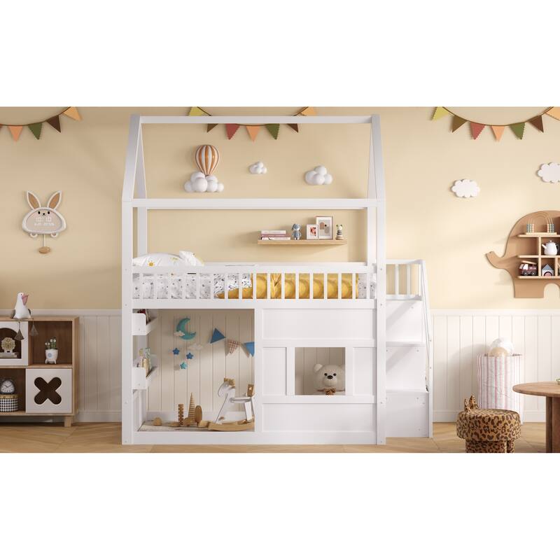 Roomfitters Full Size Wood House Loft Bed with Storage Stairs and Built-in Shelving, Modern Space-Saving Sleep Space