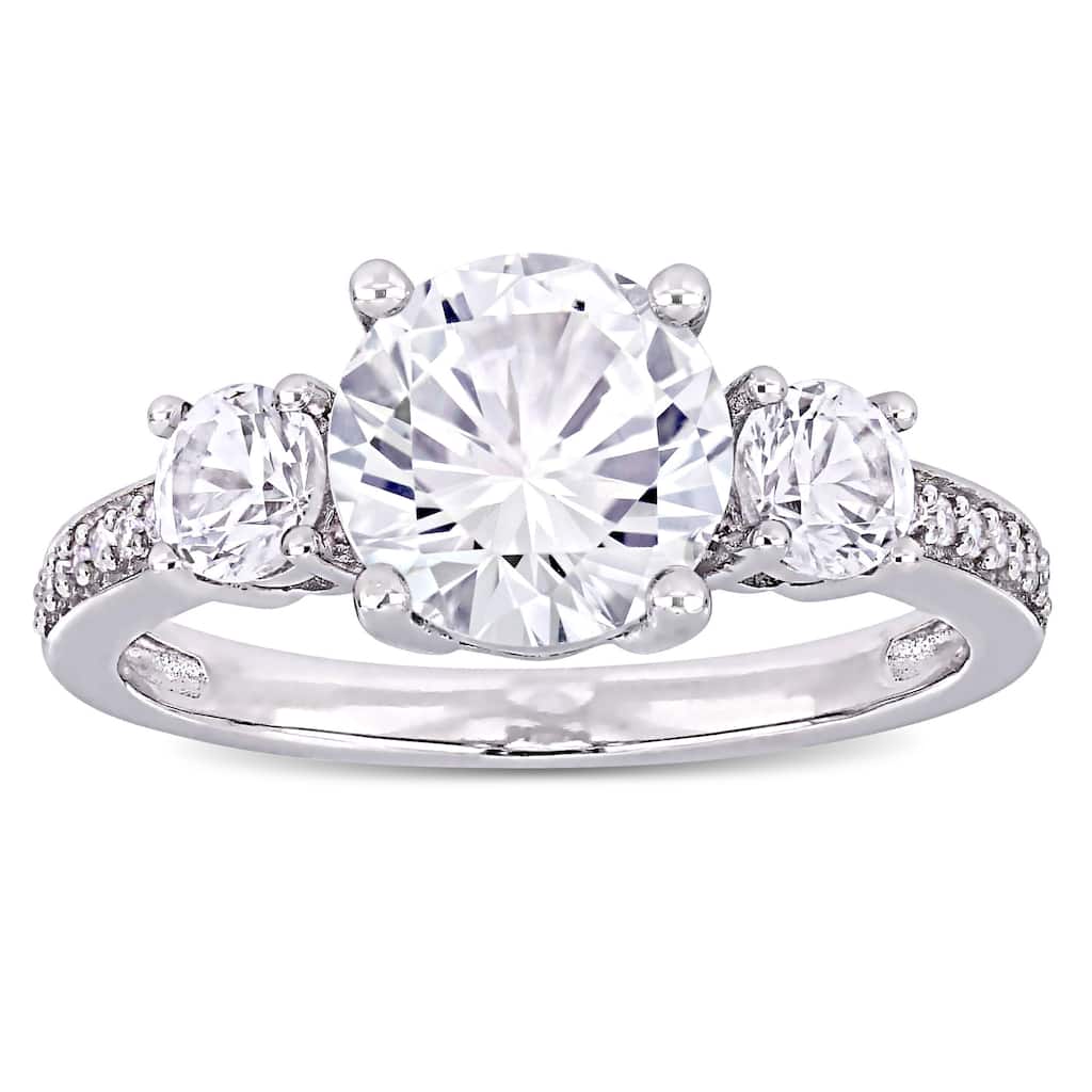 Miadora 10k White Gold Created White Sapphire and Diamond 3-Stone Engagement Ring