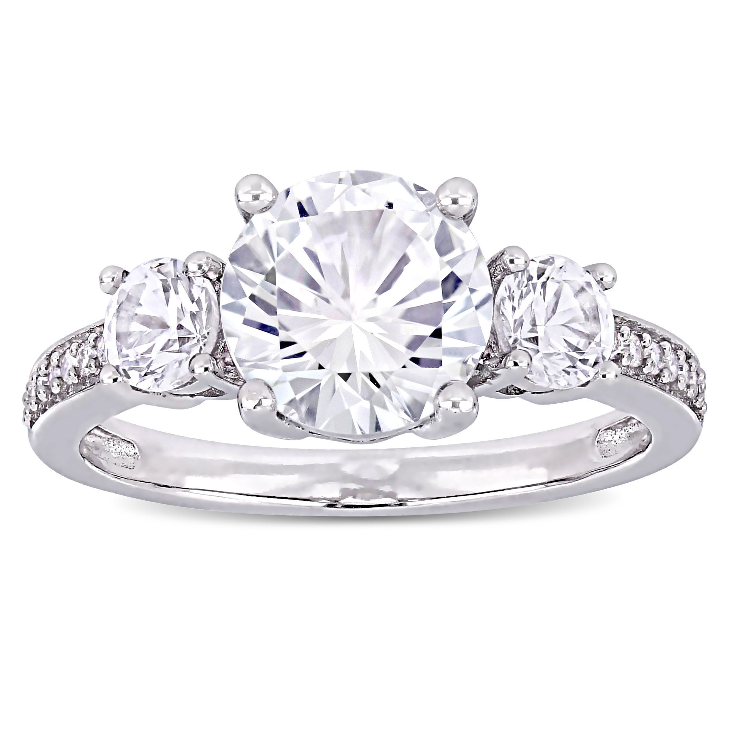 Miadora 10k White Gold Created White Sapphire and Diamond 3-Stone Engagement Ring