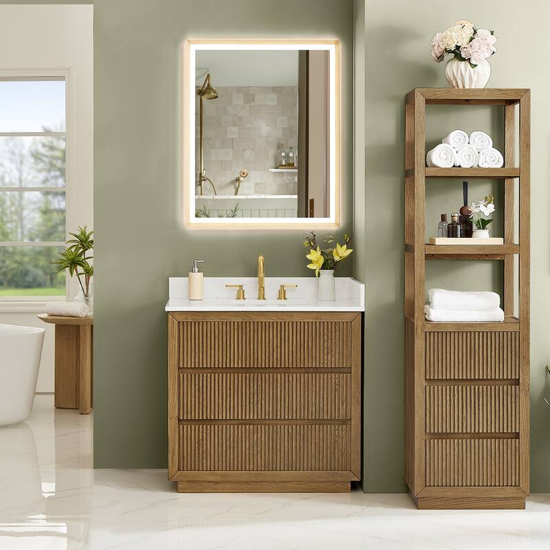 Navan Bathroom Vanity in Weathered Brown with Grain White Engineered Stone Countertop No Mirror - 36"x34"
