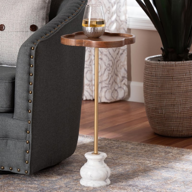 Gezana Drink Table with Marble Base - Compact Pedestal Accent Table with Clover Tray Top for Living Room or Sofa Side